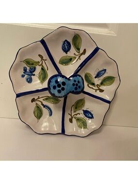 ITALY SERVE WARE DIVIDED DISH HAND PAINTED WHITE BLUE 3D MUSHROOMS HOME DINING